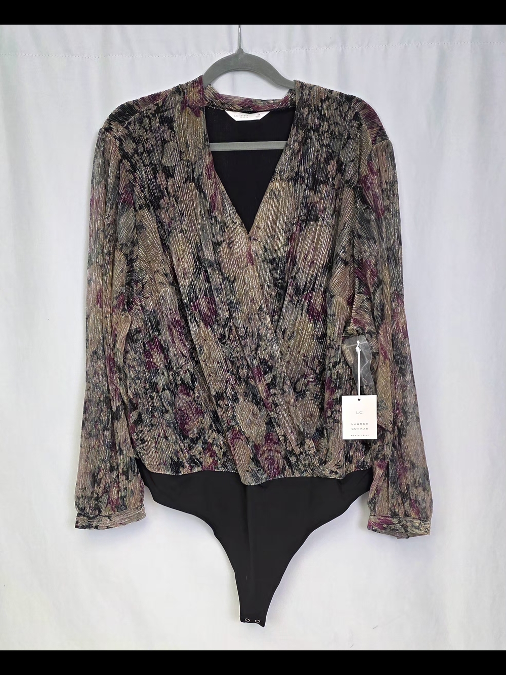 LC Lauren Conrad Floral Metallic Surplice Long-Sleeve Bodysuit - Black Multi NWT